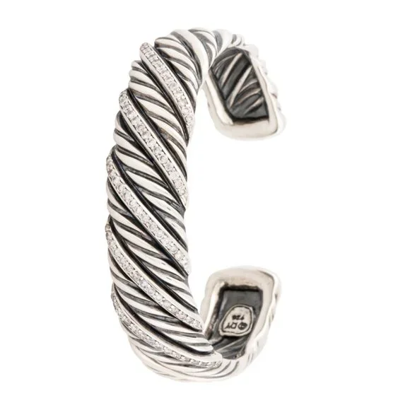 DAVID YURMAN 1.50CTW DIAMOND STERLING SILVER NARROW SCULPTED CABLE CUFF